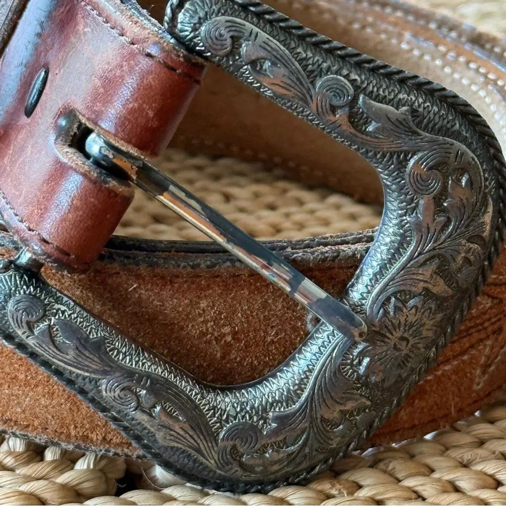 Vintage Nocona Brown Leather Belt with Silver Tone Ornate Buckle